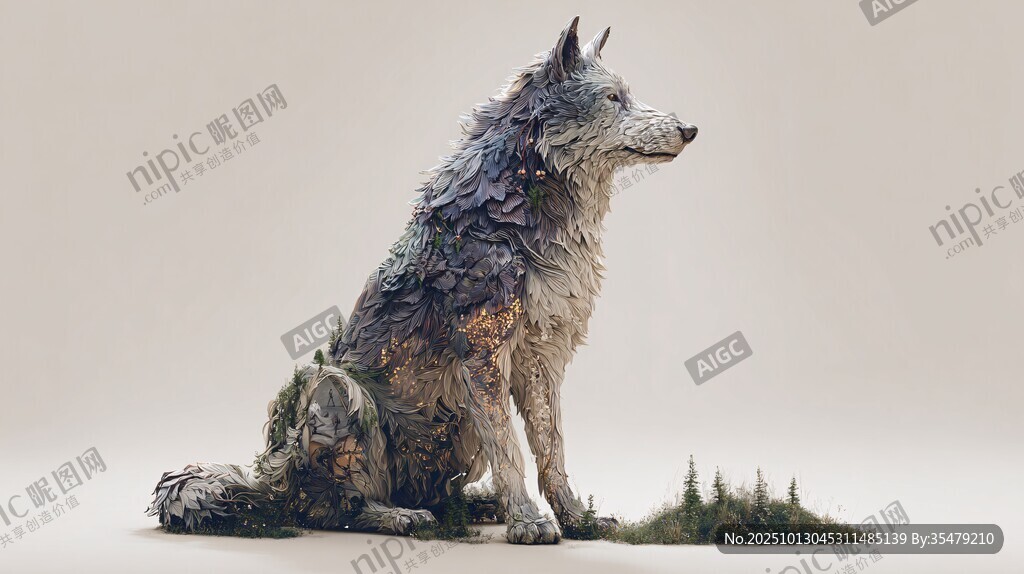 独坐荒野的斑驳狼雕塑