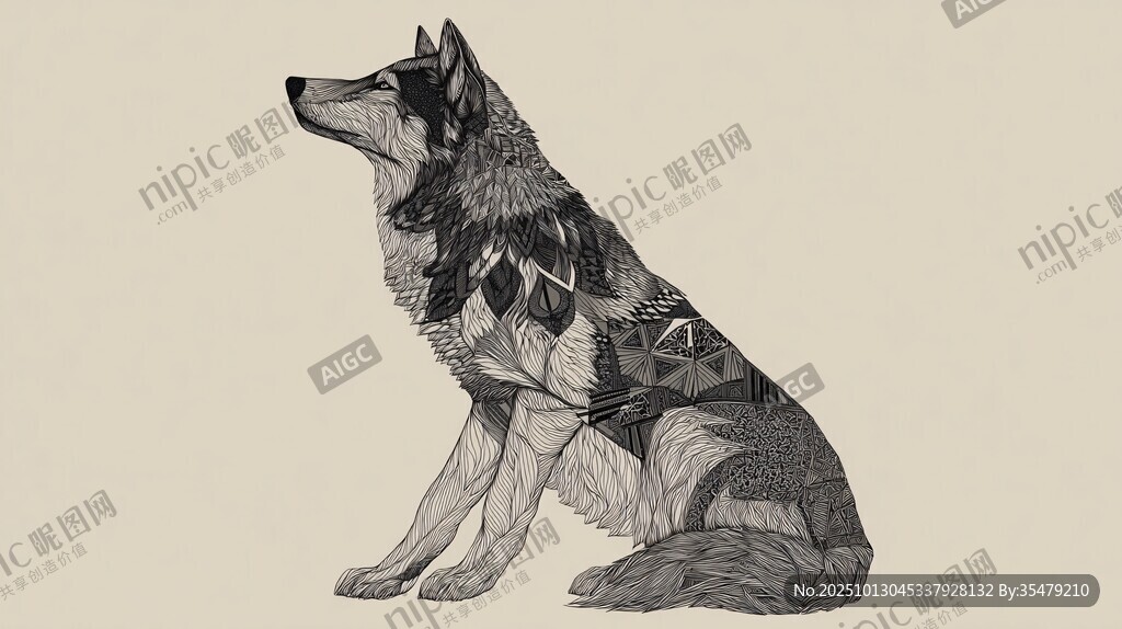 坐姿狼的精美线条插画