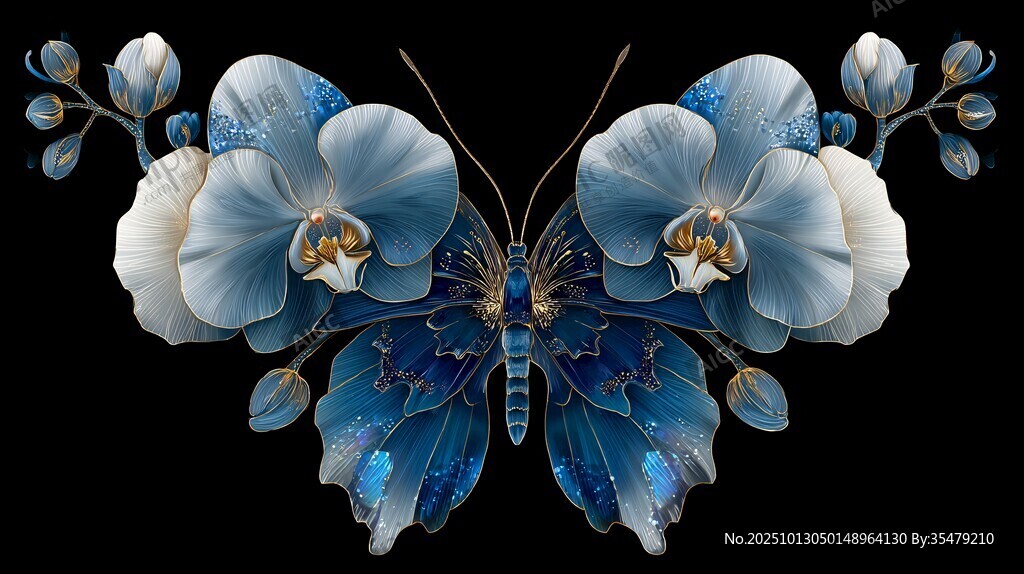 蓝白蝶形兰花艺术插画