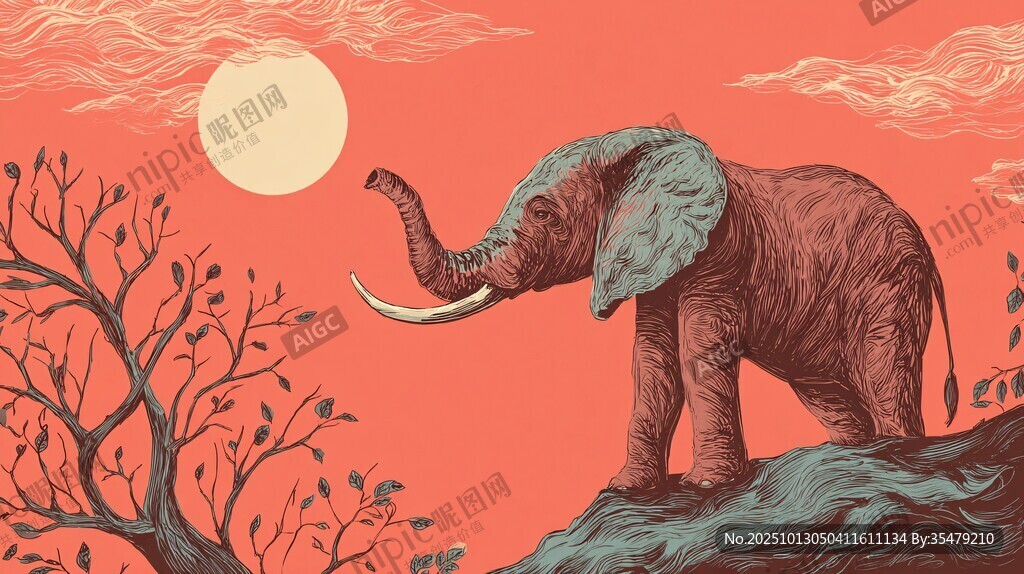 夕阳下的大象与枯树