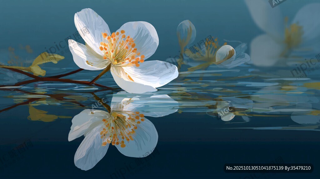 水中白花朵朵映倒影