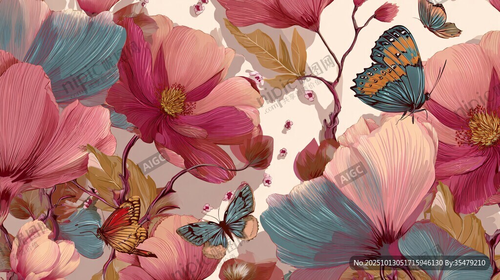 花卉蝴蝶浪漫插画图案