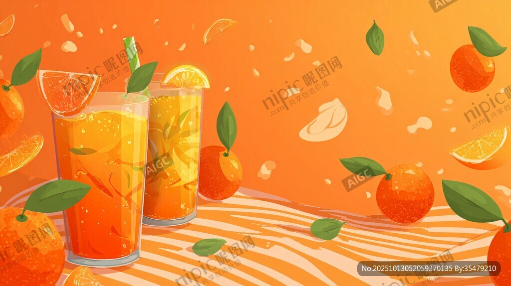 夏日橘子饮品清新插画