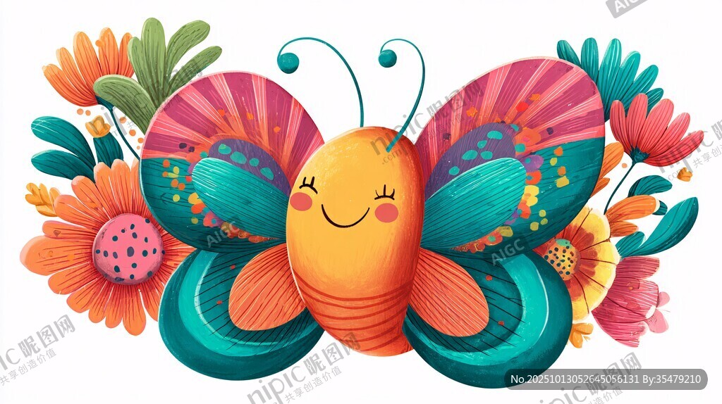 可爱蝴蝶与缤纷花朵相伴