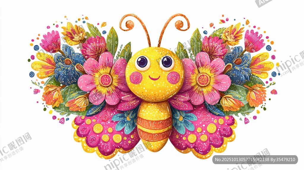 可爱彩蝶花卉插画