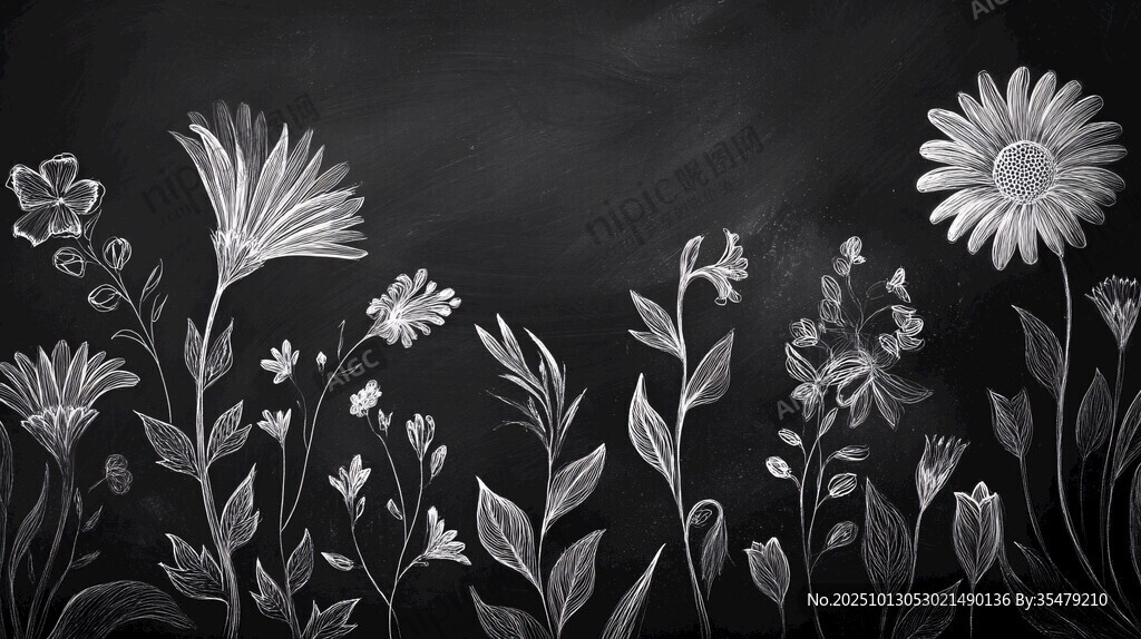 黑板上的花卉粉笔艺术画