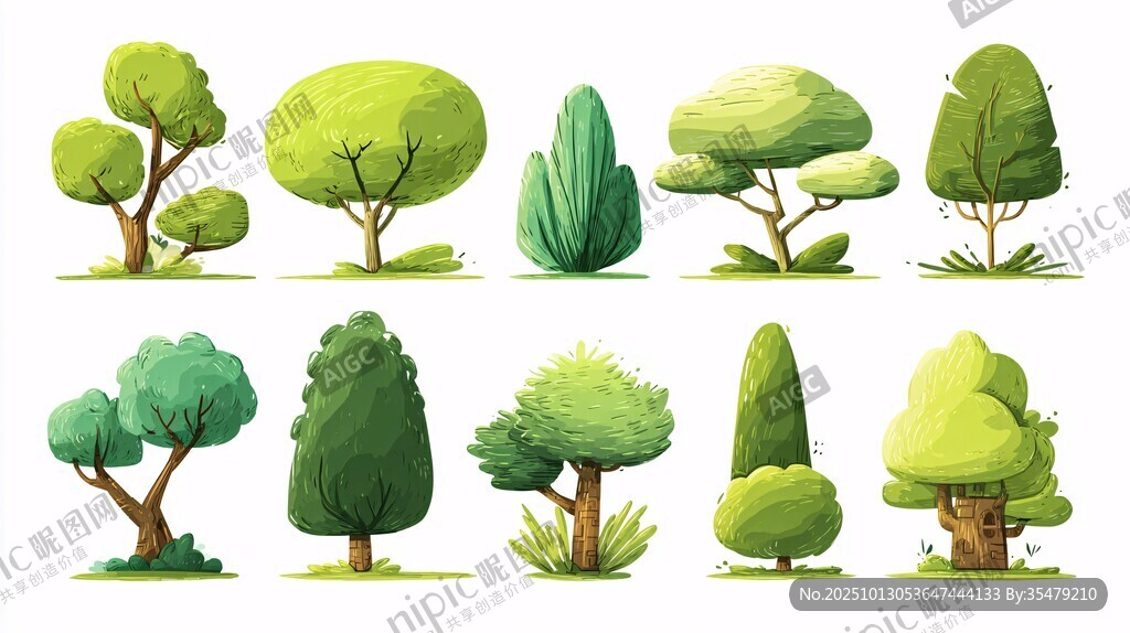 多样卡通树木插画集合