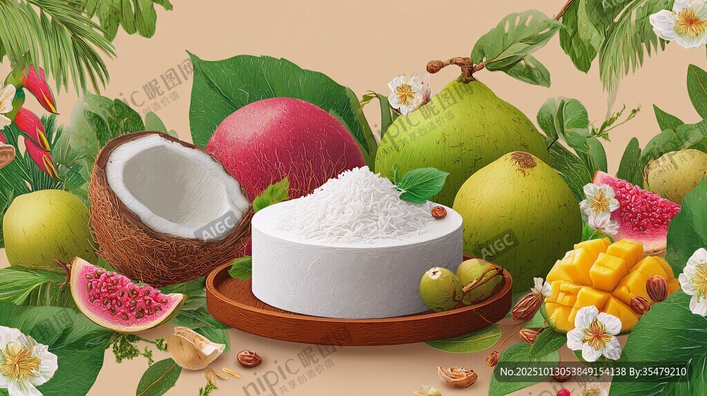 热带水果环绕的粉状食品