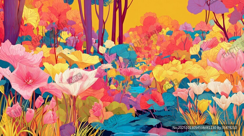 梦幻多彩的森林花卉景观