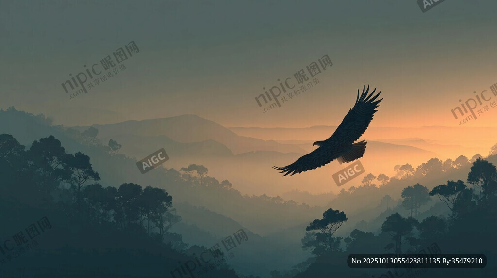夕阳下雄鹰翱翔山林间