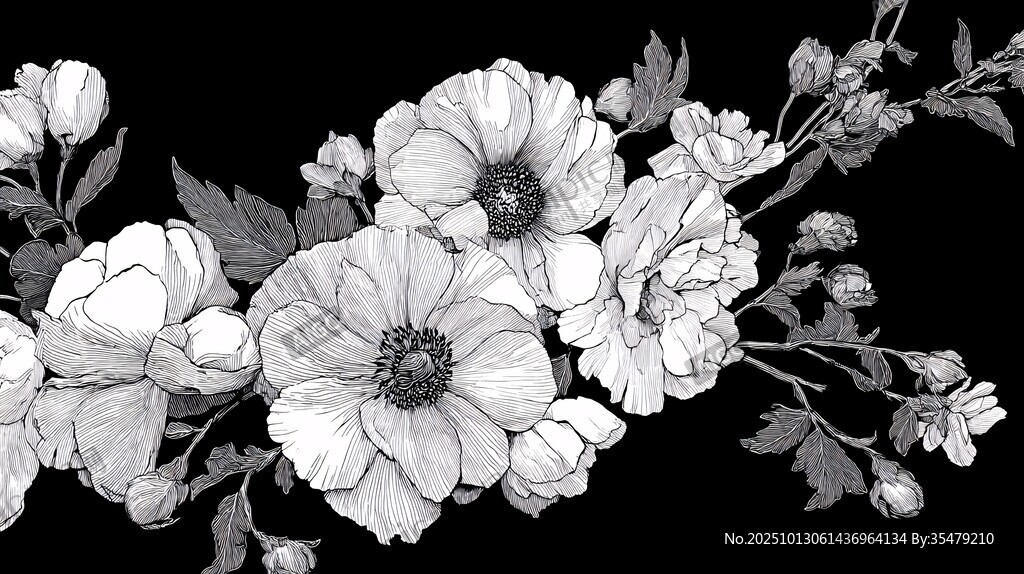黑白花卉插画
