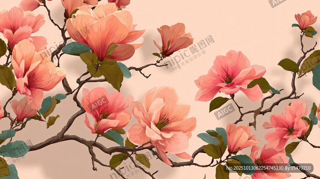 粉色玉兰花枝装饰图案