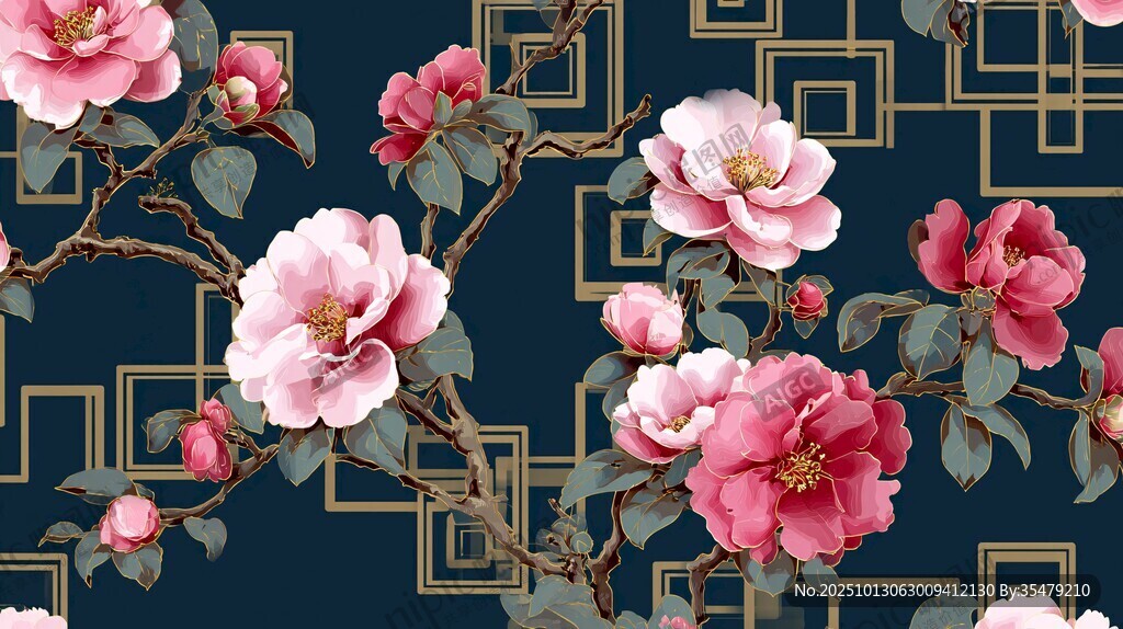 中式花卉几何图案背景图