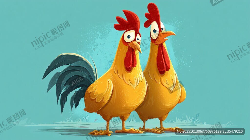 两只可爱公鸡的趣味插画