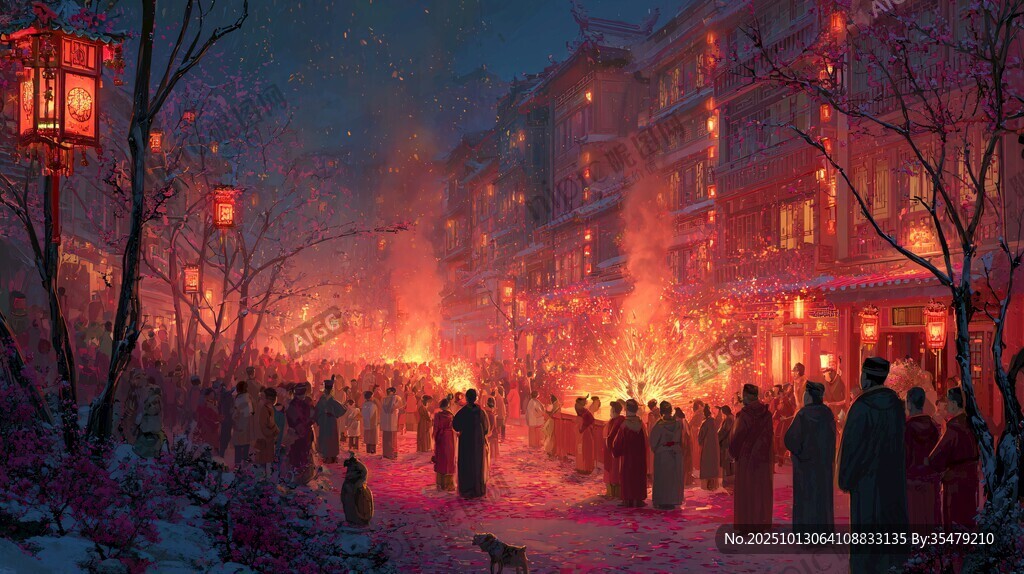 雪夜古街热闹灯会场景