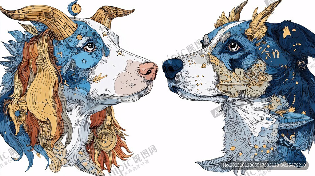 神话风双犬头像奇幻插画
