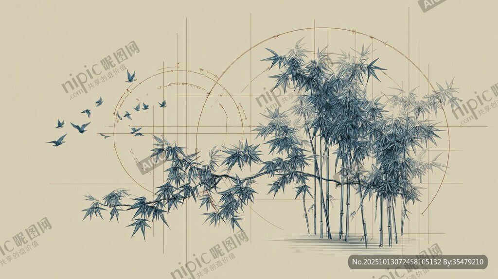 中式水墨竹林飞鸟图