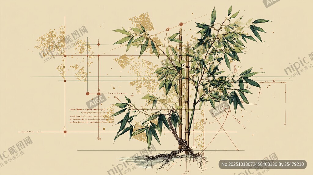 手绘中式风竹株设计图