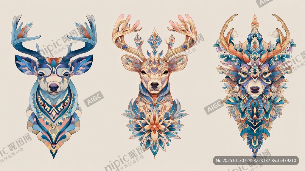 三幅精美鹿头图腾插画