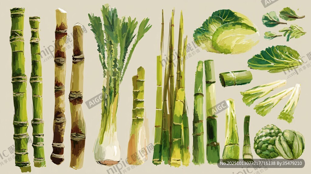 多样蔬菜与竹子插画展示