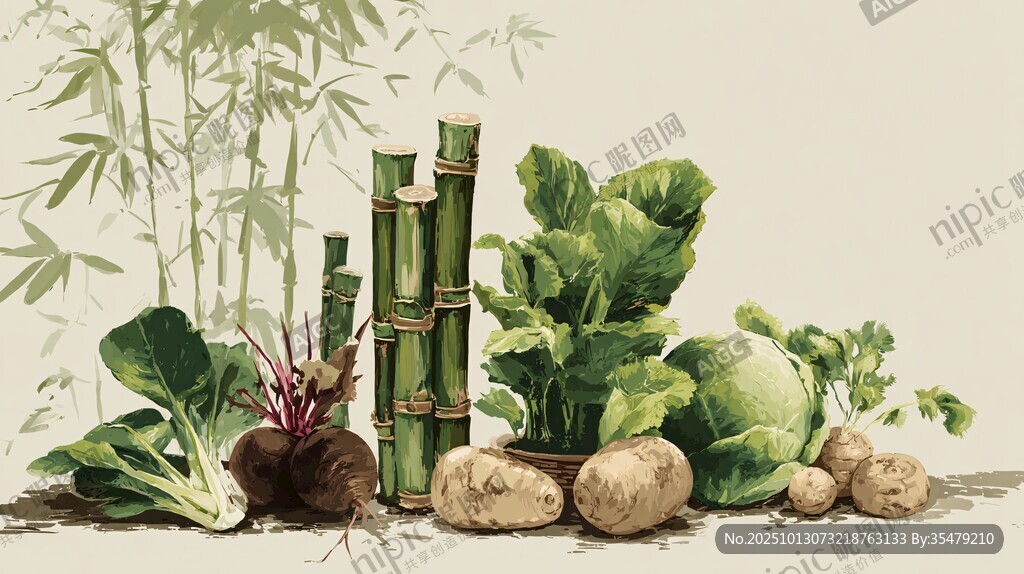 田园风蔬菜与竹子静物画