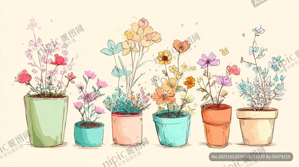 一排多彩盆栽花卉插画