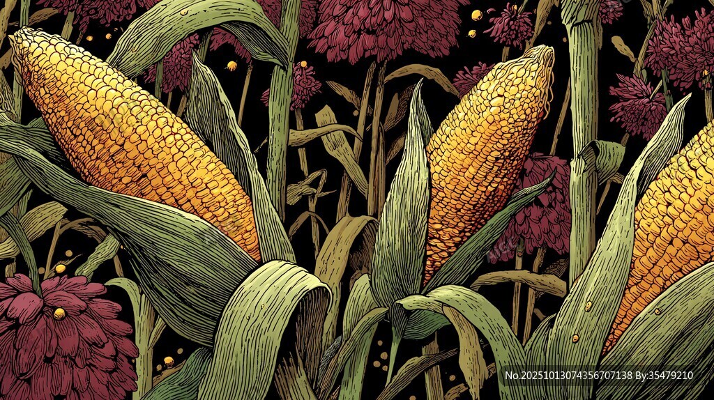 田园风玉米与花卉插画