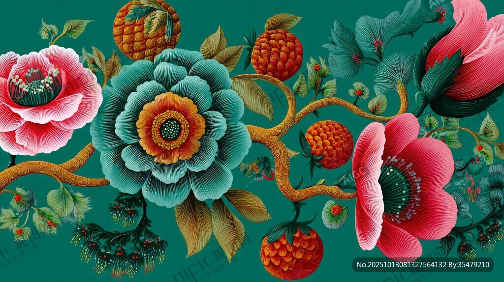 中式繁花锦簇插画图案