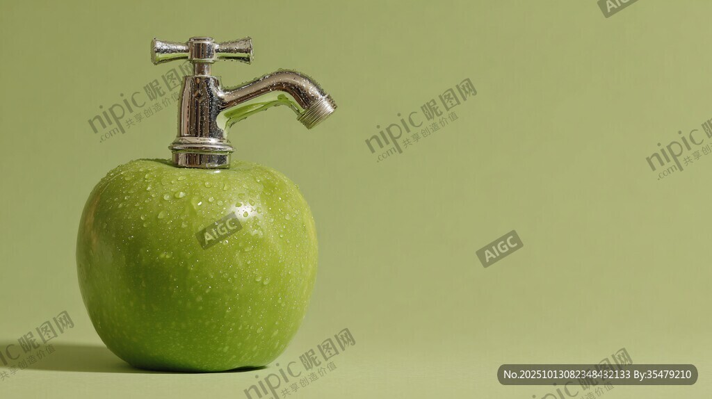 青苹果上的创意水龙头