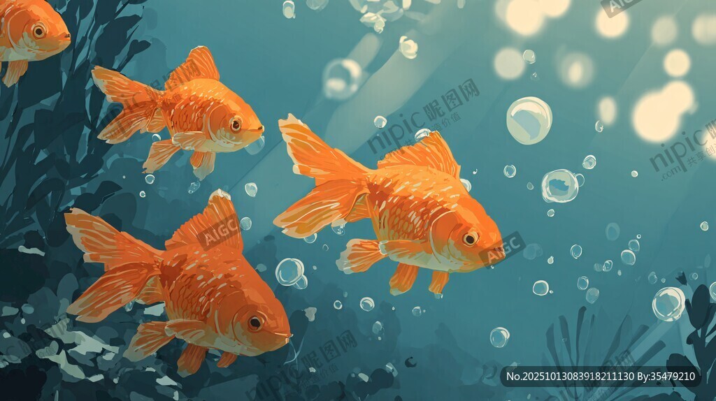 畅游的金鱼在梦幻海底世界