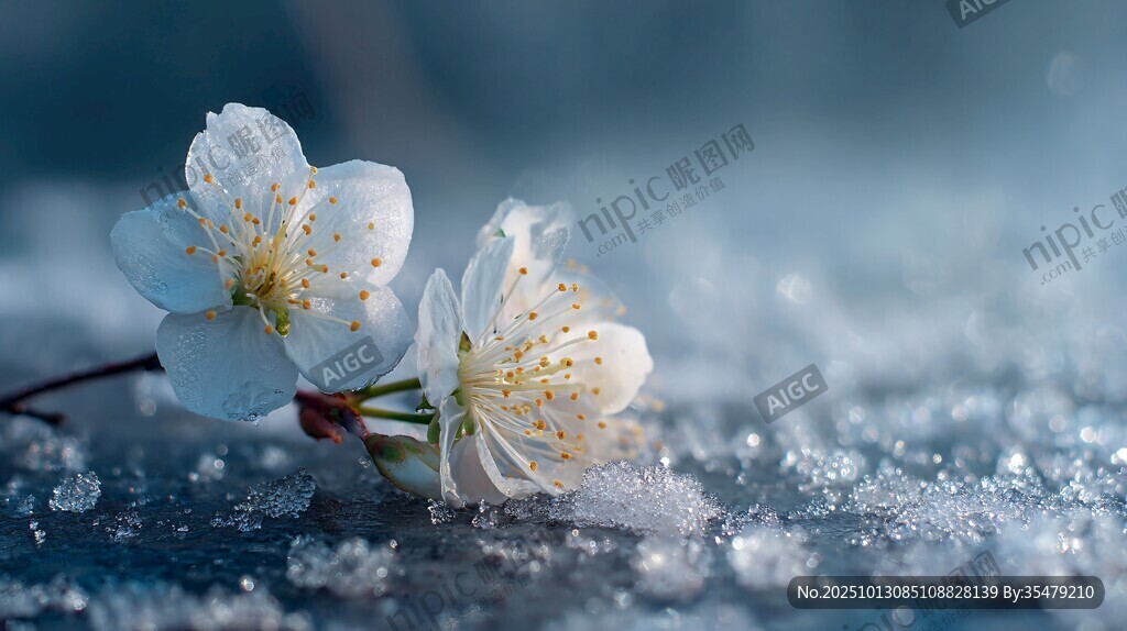 冰雪中的素雅白花
