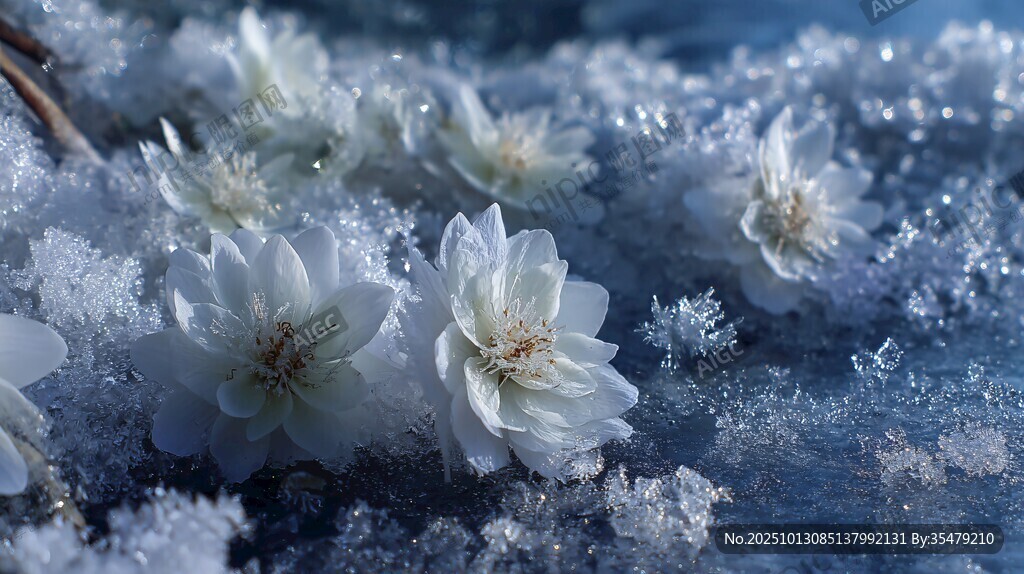 冰雪中的绽放花朵