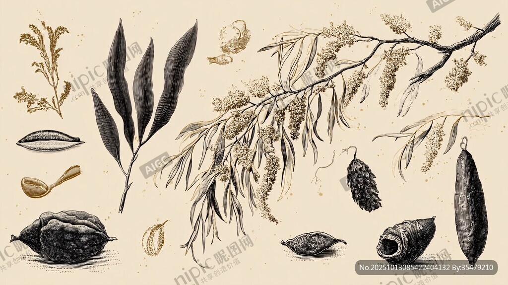复古植物标本手绘插画图