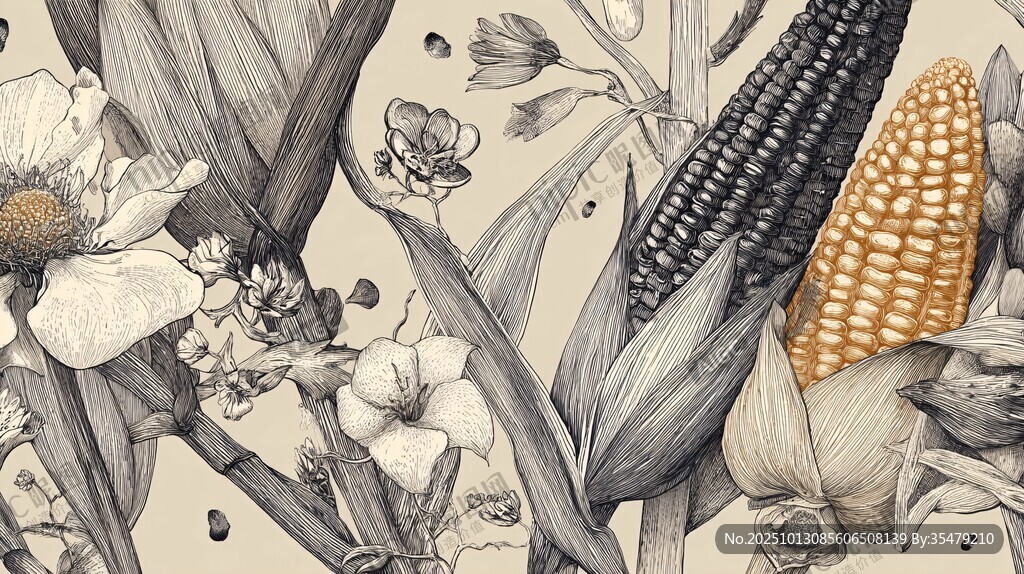 手绘玉米花卉植物插画