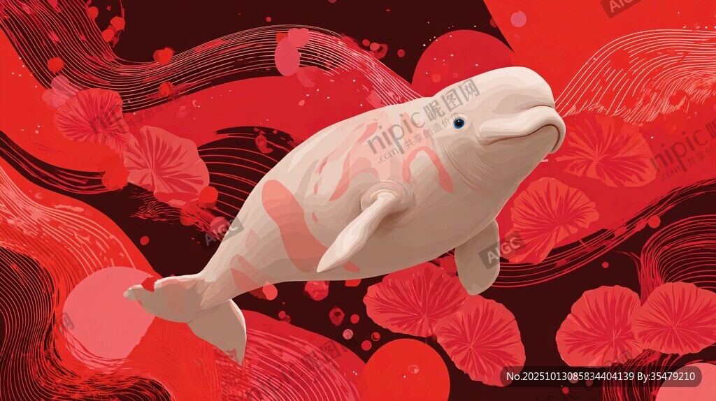 梦幻红底白鲸插画艺术