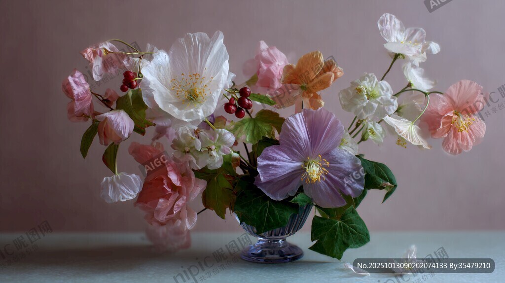 多彩鲜花插于精致花瓶中