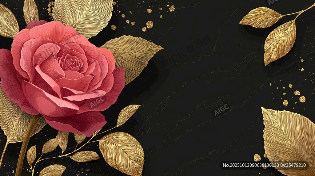 黑底金叶粉玫瑰唯美画面