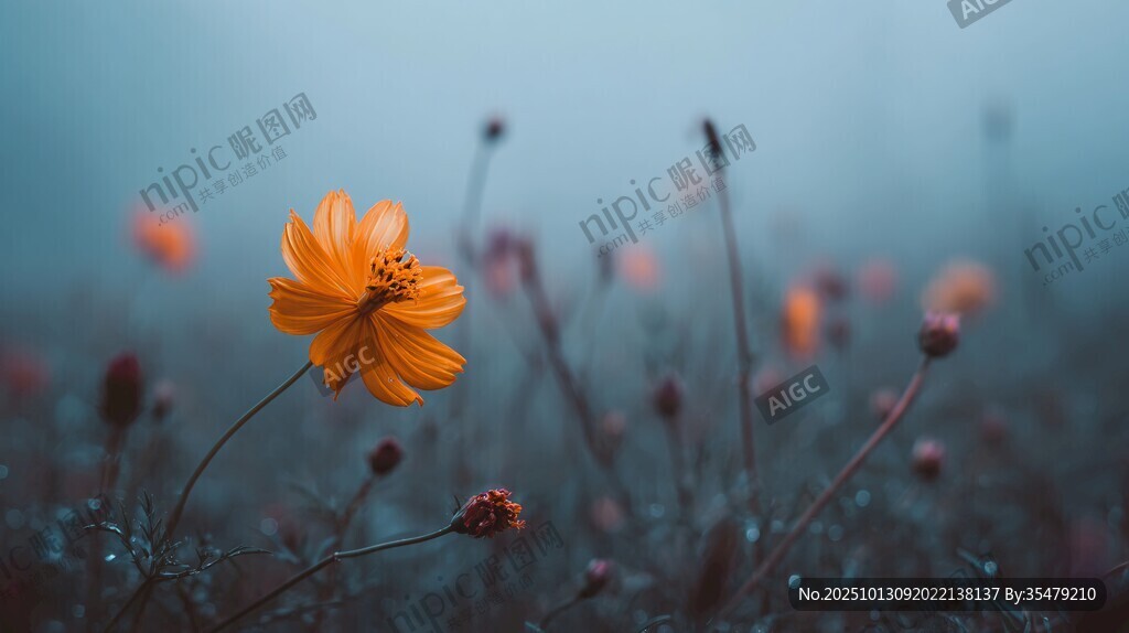 雾中绽放的橙色花朵