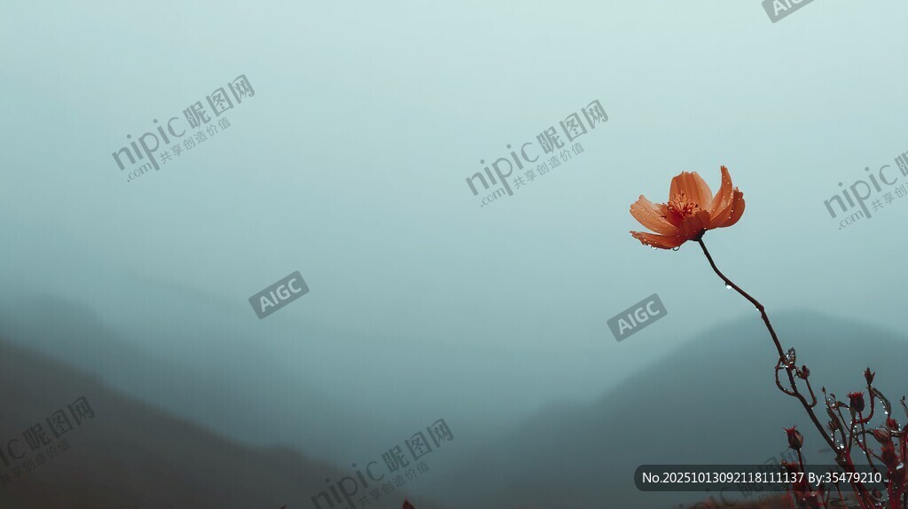 孤花立远山 朦胧诗意景