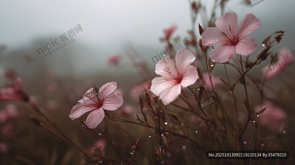 雾中绽放的粉色娇艳小花