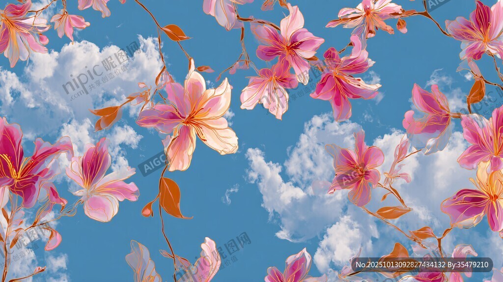 蓝天白云下的绚烂花卉