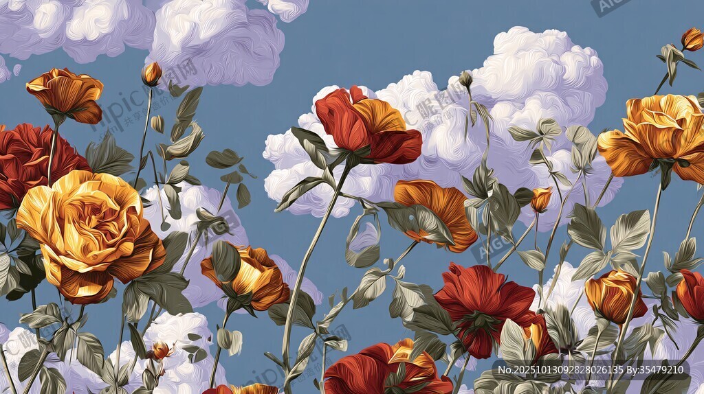 天空下的绚烂玫瑰花卉图