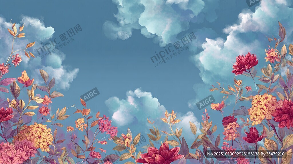 梦幻花卉与蓝天白云图景