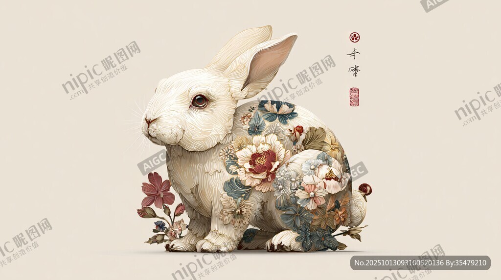 花饰白兔插画 独特又精美