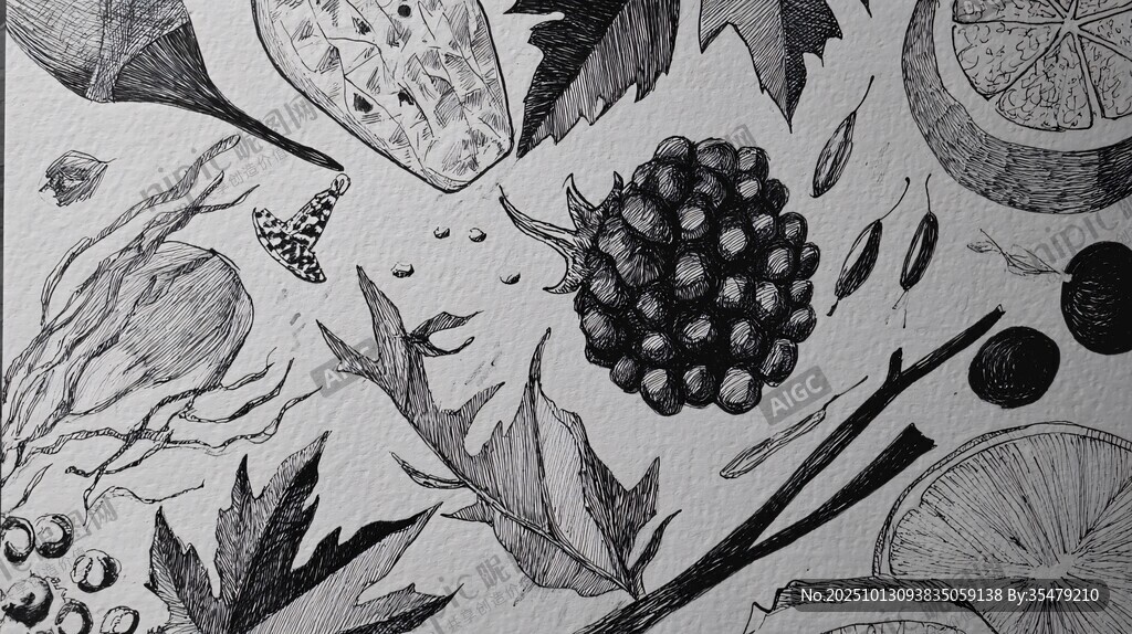 黑白手绘水果植物插画