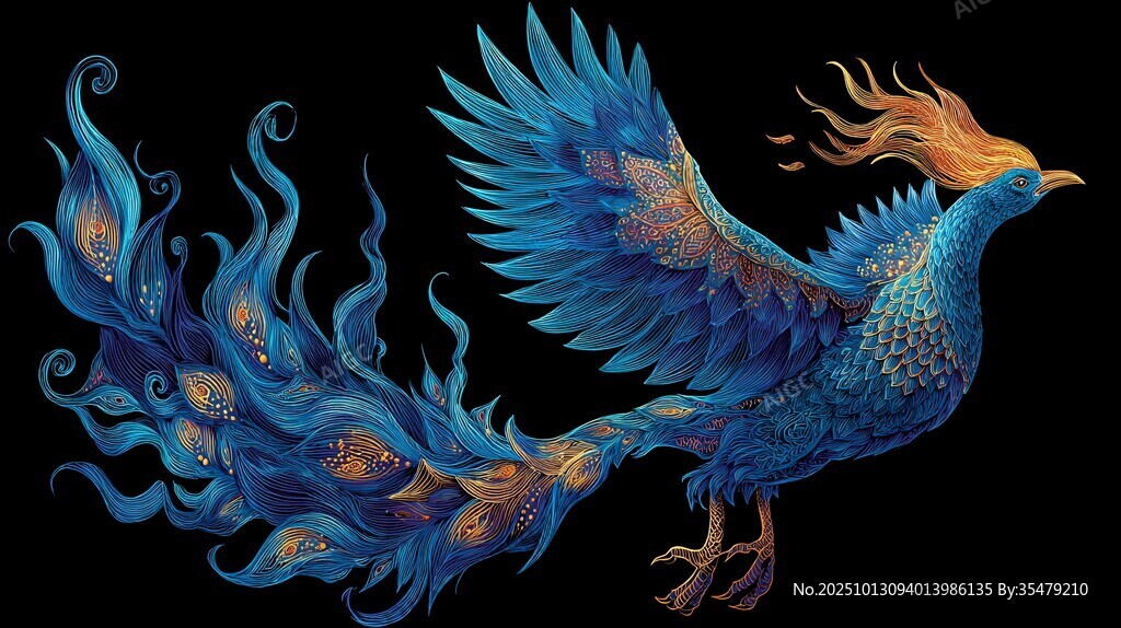 蓝色幻彩凤凰展翅飞舞