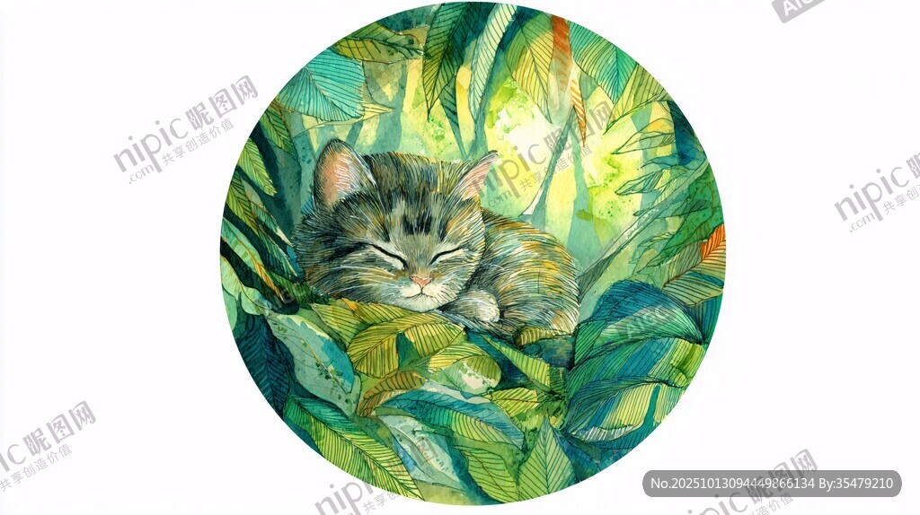睡在绿叶间的可爱小猫