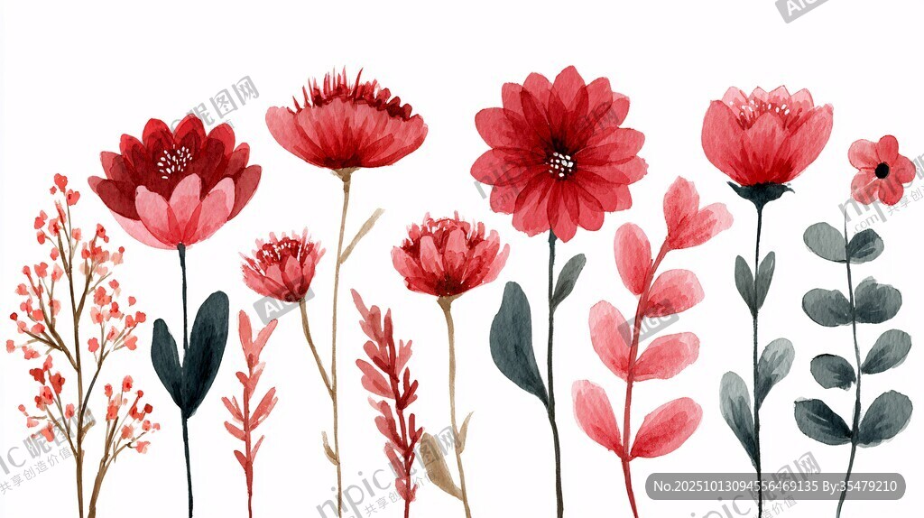 手绘红色花卉植物插画