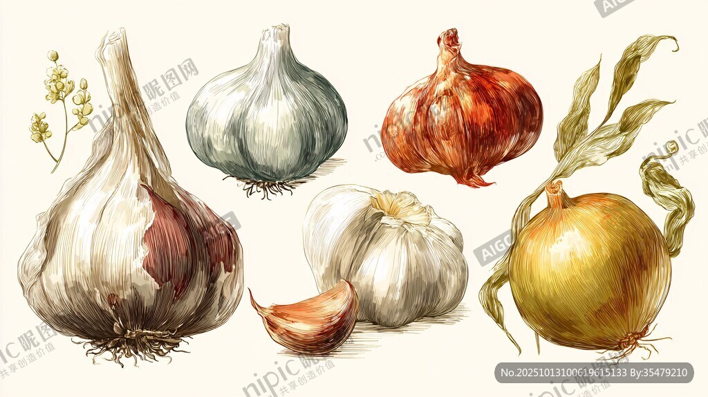 手绘蒜与洋葱静物插画