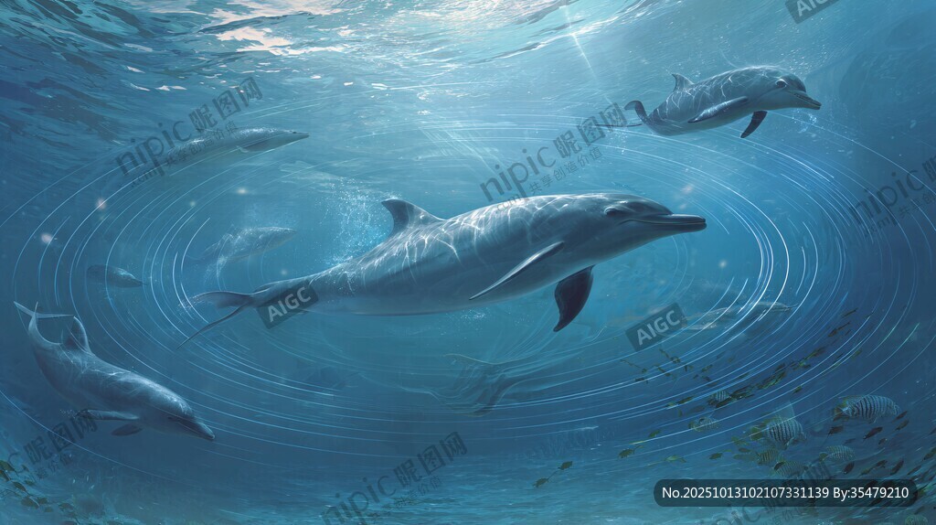 海豚在湛蓝海水中优雅游动